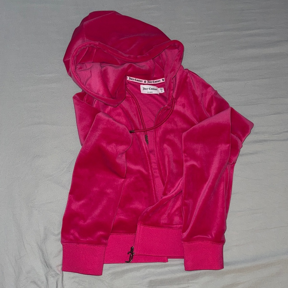 Juicy Couture Hot Pink Velour Rhinestone Logo Cropped Hoodie - Picture 3 of 3